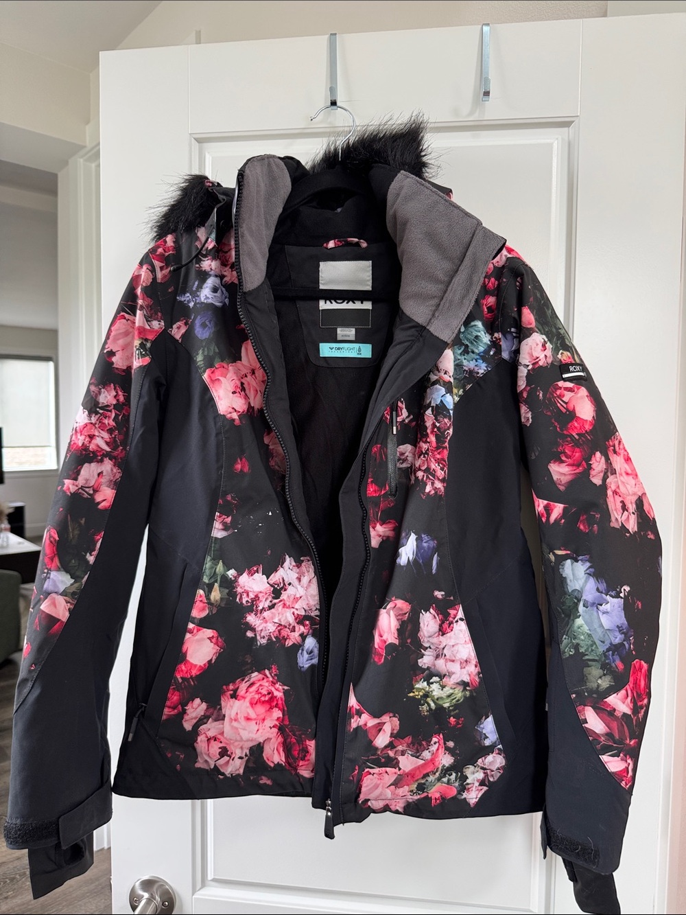 Roxy Black Ski Jacket with Pink Floral Print